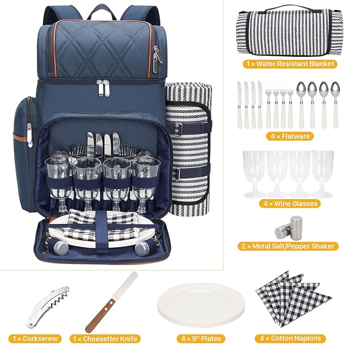 Picnic Backpack for 4,Picnic Basket Set,Leakproof Picnic Bag,Beach Cooler Backpack with Insulated Cooler Wine Pouch,Picnic Blanket, Double Deck Picnic Backpack for Beach,Camping,Park(Navy Blue)