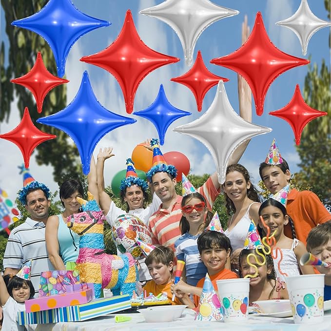 Red Blue Silver Star Balloons,12Pcs Four Angle Star Foil Balloons,26Inch and 10Inch Red Blue Quadrangle Helium Balloon for 4th of July Independence Day Patriotic Birthday Usa Party Decorations