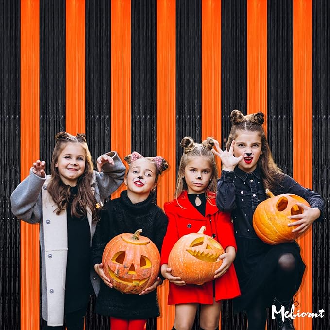 4 Pack Fringe Curtain Backdrop, 3.2Ft x 9.8Ft Black Orange Metallic Tinsel Foil Fringe Streamers Background for Photo Booth Birthday Wedding Baby Shower Carnival Easter Mother’s Day Party Decorations