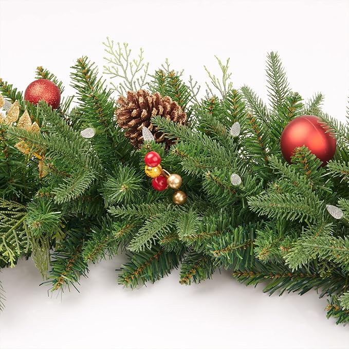 9FT Red Gold Christmas Garland Prelit with Battery Operated 50 LED Lights,Holiday Decoration Stairs Mantle Door Indoor Outdoor