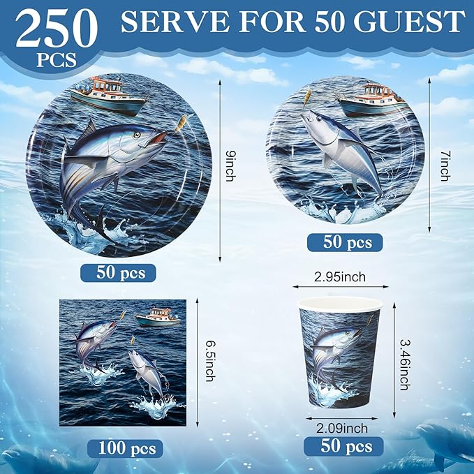 250 Pcs Gone Fishing Party Decoration Fishing Paper Plates Napkins and Cups Party Disposable Tableware Set for Fish Themed Tournament Fisherman Ofishally One Birthday Decorations, Serves 50