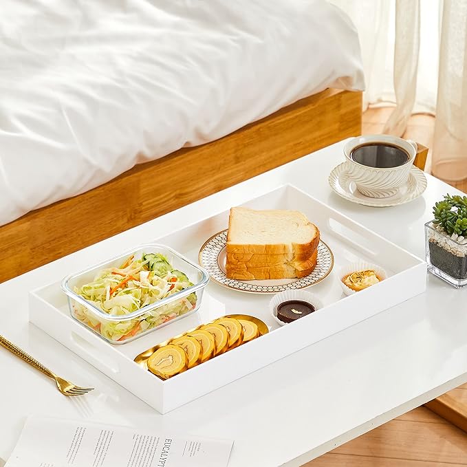 Glossy White Sturdy Acrylic Serving Tray with Handles 12x20x2H Inches -Spill Proof- Decorative Trays Countertop Organizer for Ottoman Coffee Table Nightstand, sidetable, Breakfast, Tea, Food