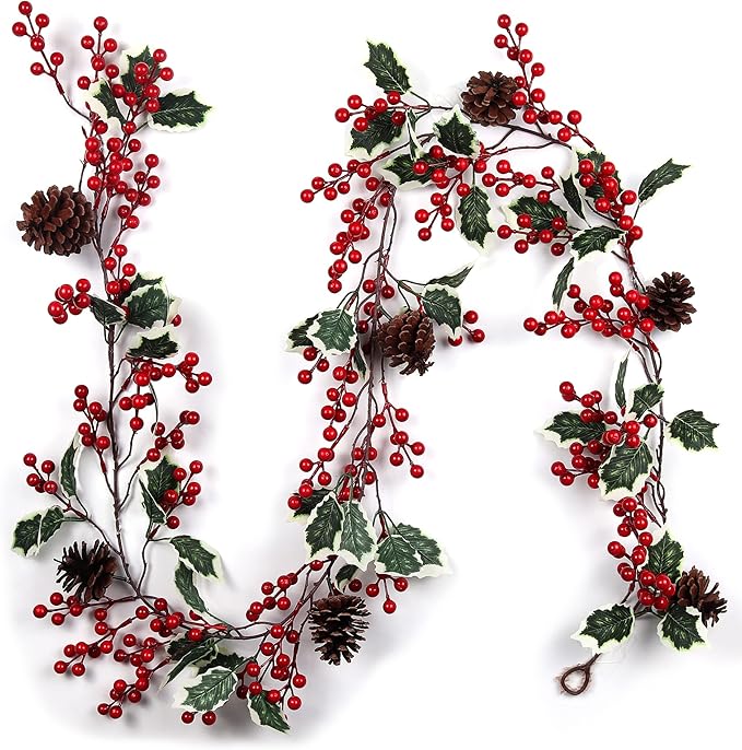 RECUTMS 6.5FT Red Berry Christmas Garland Decoration, Artificial Berry Garland with Pine Cone for Indoor Outdoor Garden Gate Home Winter Christmas Holiday New Year Fireplace Stairs Table Decoration