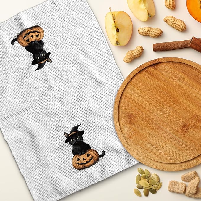 TNUW Halloween Black Cat Pumpkin Kitchen Towels 16x24 Inch, Black Cat Halloween Decor Dish Tea Towels for Kitchen, Witchy Kitty Spooky Pumpkin Decorative Hand Towel for Bathroom Decor