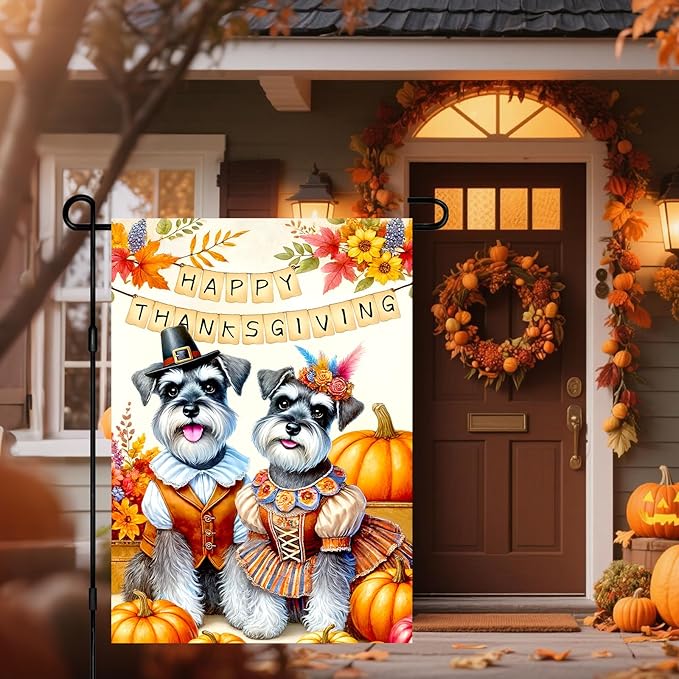Happy Thanksgiving Garden Flag Dressed Up Schnauzers Pilgrims Pumpkins Autumn Decor 12x18 Inch Double Sided Outdoor Banner For Front Yard Porch Lawn Patio Seasonal Home Decoration Festive