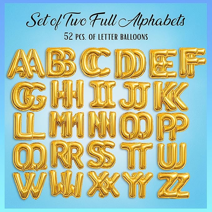 [52pcs] Gold Letter Balloons - 2 Full A-Z Sets For Gold Letter Balloon Banner | Alphabet Ballons | 16 inch Foil Ballon | Customized Name Balloon Letters for a Birthday, Graduation, Wedding Baby Shower