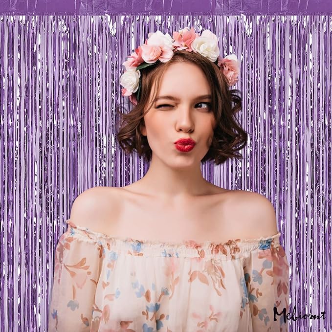 4 Pack Light Purple Fringe Curtain Backdrop, 3.2Ft x 9.8Ft Metallic Tinsel Foil Fringe Streamers Background for Photo Booth Birthday Wedding Baby Shower Carnival Easter Mother’s Day Party Decorations