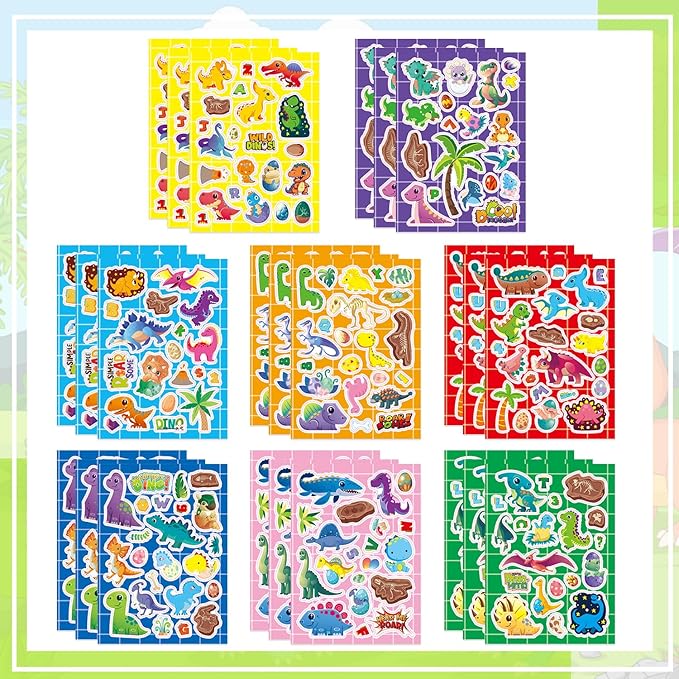 24 Sheets Dinosaur Stickers for Kids, 490Pcs Dino Stickers Bulk Preschool Sticker Sheets for Reward Craft Scrapbooking Water Bottles Gifts Bags Cards Envelopes Dinosaur Party Favors Supplies