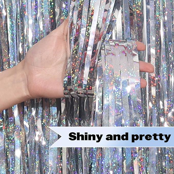 3 Pack Silver Foil Fringe Curtains Backdrop, 3.28 x 8.2 Ft Metallic Streamers Tinsel Curtains Background for Photo Booth, Birthday, Christmas, Halloween, Thanksgiving, New Year Party Decorations