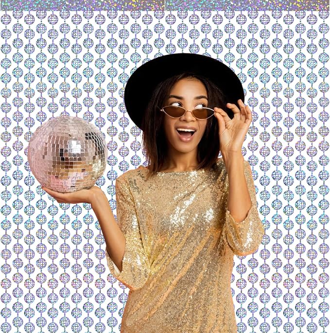 GOER Foil Curtain Backdrop for Birthday Party | Metallic Tinsel Photo Booth Props for Bachelorette Party | New Year Eve,Graduation Party Decorations (Silver Disco Ball, 2 Count (Pack of 1))