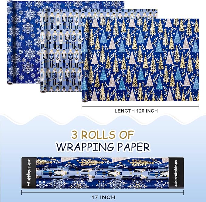 MAYPLUSS Nutcracker Christmas Gift Wrapping Paper - 17 In x 120 In Per Roll - Reversible Magic Navy Nutcracker, Midnight Snowflake, Tree Design Seasonal Gift Wrap Paper for Holiday, Christmas Ornament