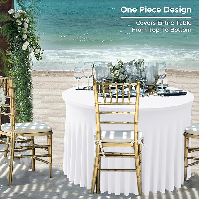 HolidayIdeas White Spandex Wedding Tablecloths for 60in Round Table, 5ft Fitted Stretch Table Skirts 120 Inch, Wrinkle-Free Ruffle Design Tablecloths for Banquets,Trade Shows, Parties, Events, 4 Pack