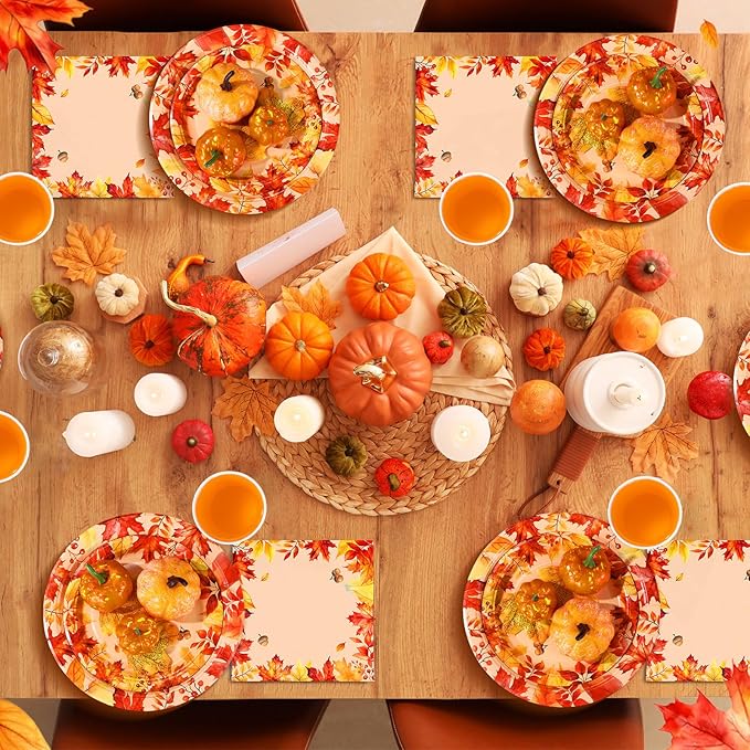 250 Pcs Fall Thanksgiving Party Decoration Colored Maple Fall Leaf Paper Plates Napkins and Cups Harvest Decorations Tableware Set for Autumn Leaves Theme Birthday Party Supplies, Serves 50