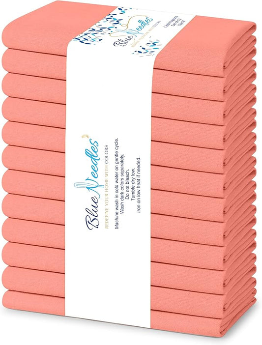 Blue Needles Solid Cloth Napkins Set of 12 Salmon 100% Cotton Dinner Napkins 18x18 inches - Soft, Reusable, Absorbent & Washable Fall Thanksgiving Linen, Ideal for Events, Parties & Everyday Use