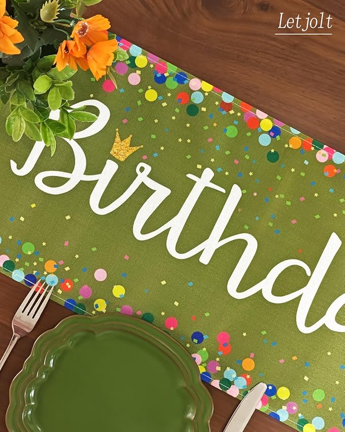 Letjolt Happy Birthday Table Runner 72 Inches Birthday Centerpieces for Tables Birth Day Party Sign Polka Dots Table Decoration, Olive Green