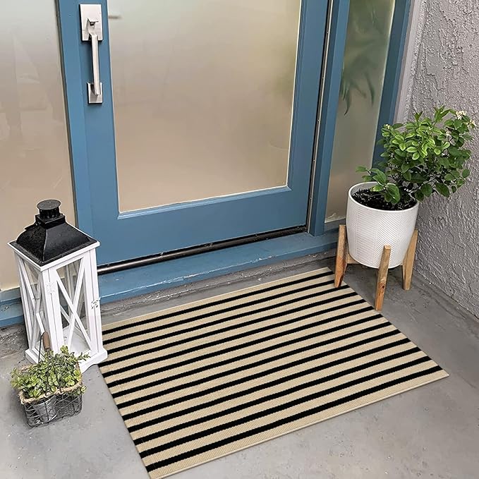 KIMODE Fall Front Door Mats 24"x35", Washable Halloween Porch Decor, Farmhouse Striped Layered Doormat Outdoor, Black and Khaki Cotton Woven Autumn Rugs for Entryway Kitchen Thanksgiving