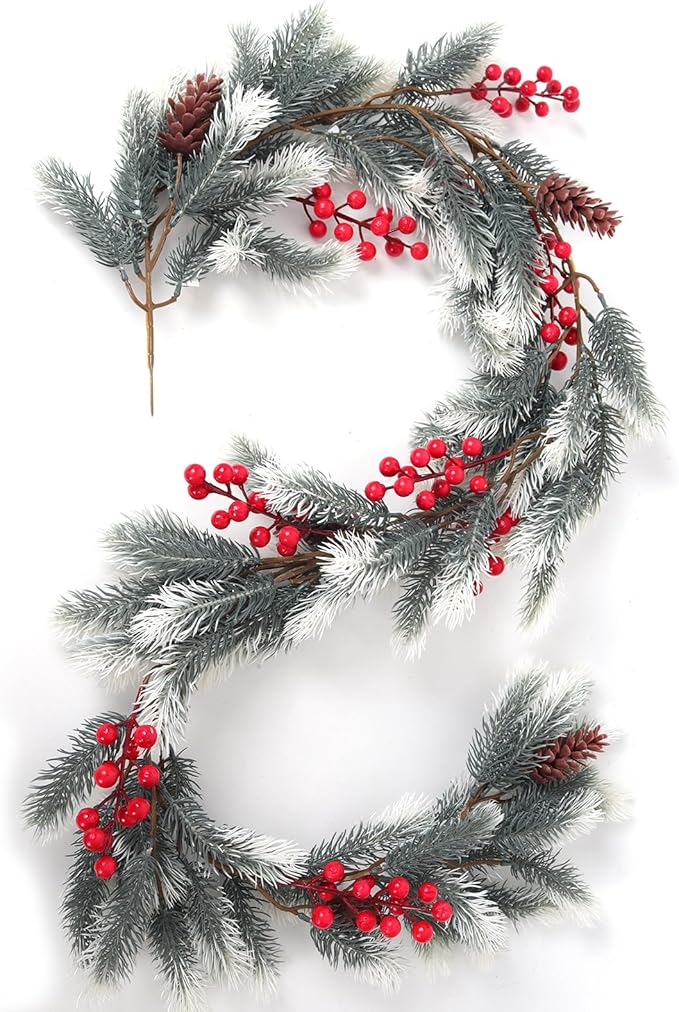 RECUTMS Evergreen Pine Needle Vine Red Berry Christmas Fireplace Decor Winter Berry Garland Pinecones for Crafts Christmas Picks Faux Garland Ideal for Living Room and Corridor Seasonal Decor(White)