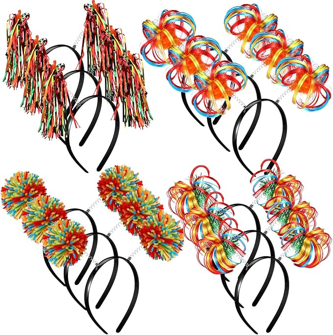 Censen 12 Pcs Christmas Pom Pom Headbands Spirit Party Headwear Tinsel Ponytails Head Bopper for Birthday Holiday