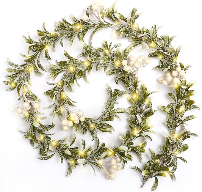 Joyhalo Christmas Garland with Lights Battery Operated - 5.9ft 20 LED White Berry Lighted Christmas Garland, Christmas Decorations Prelit Garland Indoor Outdoor Fireplace Stairs Railing Mantle Decor