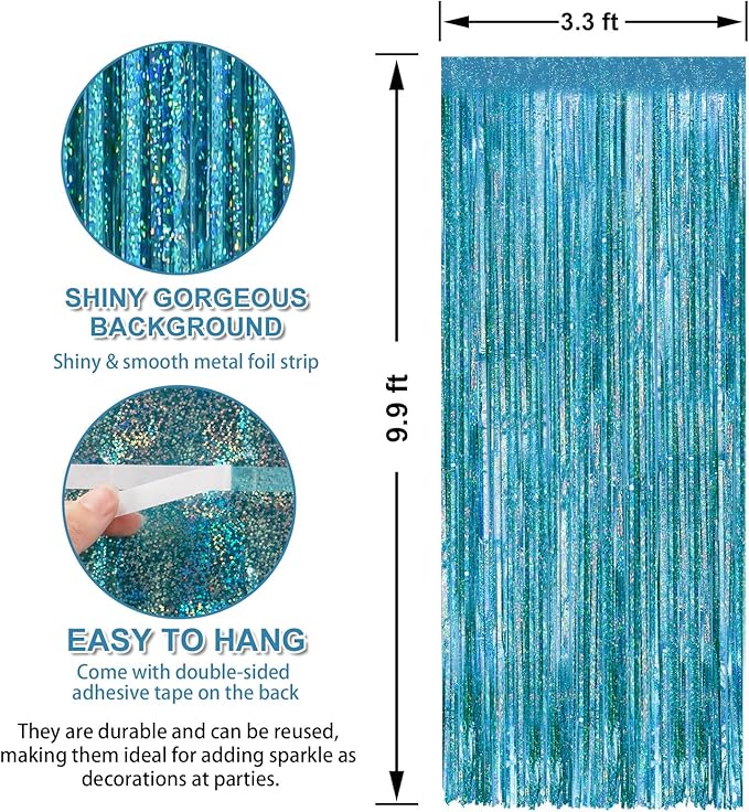 Crosize 3 Pack 3.3 x 9.9 ft Laser Blue Foil Fringe Curtains Party Decorations, Laser Blue Tinsel Curtain Backdrop for Parties, Door Streamers, Glitter Streamer Backdrop for Birthday Decoration