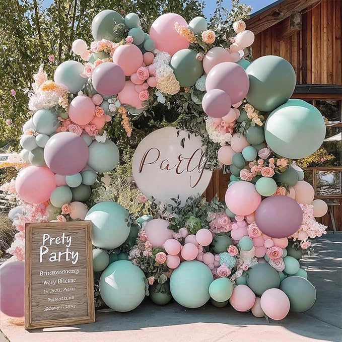 Pink Green Dusty Lavender Balloon Garland Double Stuffed Baby Blue Blush Pastel Latex Balloon Arch Kit for Gender Reveal Boho Baby Shower Birthday Wedding Floral Party Decorations