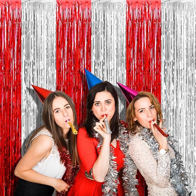 4 Pack 3.2Ft x 9.8Ft Silver Red Foil Fringe Curtain Backdrop, Metallic Tinsel Foil Fringe Streamers Curtains Background for Photo Booth, Wedding, Circus Welcome Carnival Birthday Party Decoration
