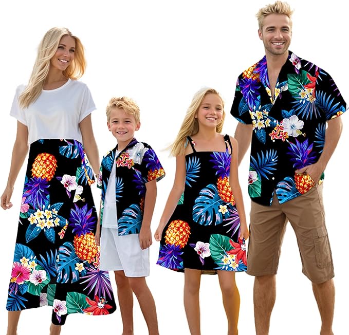 Cromoncent Matching Hawaiian Outfits for Family, Dad and Son Matching Luau Beach Tropical Shirts Mommy Daughter Tropical Sets