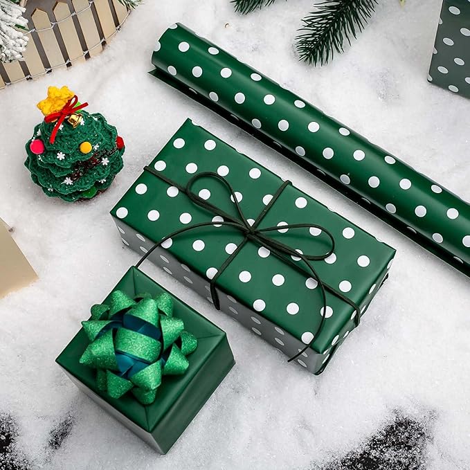 Yarcony Polka Dots Reversible Wrapping Paper Roll - 17 Inch x 33 Feet - Classic Green and White Christmas Polka Dot Holiday Winter Themed Wrapping Paper for Holiday, Birthday, Party, St. Patrick's Day