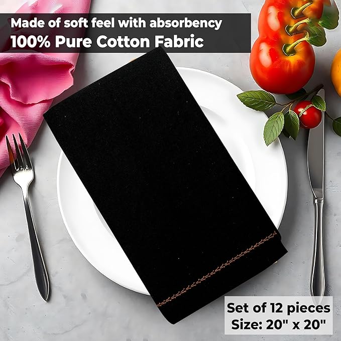 Urban Villa Halloween Cloth Napkins Black Orange Hemstitch Dinner Napkins Set of 12(20x20) Inches Premium Soft Cotton Highly Absorbent Reusable & Washable Dinner Table Napkins for Home and Weddings
