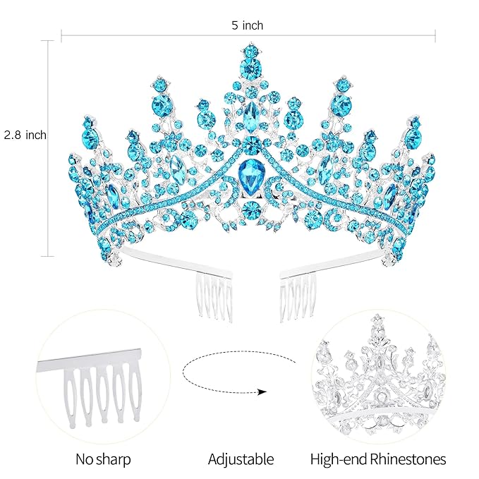 Velscrun Blue Crystal Birthday Queen Tiara Crown for Women Girls Birthday Queen Headband Sash Elegant Princess Crown with Combs Hair Accessories Happy Birth Party Decorations Mom Birth Gift
