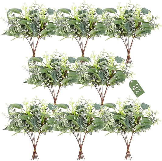 80 Pcs Mixed Eucalyptus Leaves Stems Bulk Artificial Silver Dollar Leaves for Vase Bouquets Baby Eucalyptus Leaves for Family Wedding Center Flower Arrangement