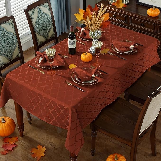 Jacquard Thanksgiving Tablecloth Square Flower Pattern Polyester Table Cloth Spill Proof Wrinkle Resistant Table Cover for Fall, Autumn, Harvest Decor (Square, 52" x 52" (4-6 Seats), Brick Red)