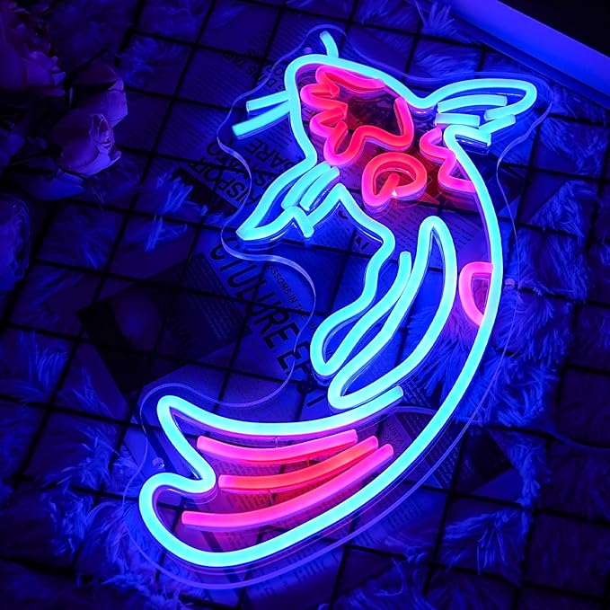 Koi Fish Neon Sign Koi Carp Neon Lights Signs Japanese Fish Led Neon Blue Red Lucky Fish Neon Signs for Wall Decor 17”x9.5”with USB/Switch Dimmable Neon Light Signs for Bar, Restaurant, Office, Fishroom,Koi Pond