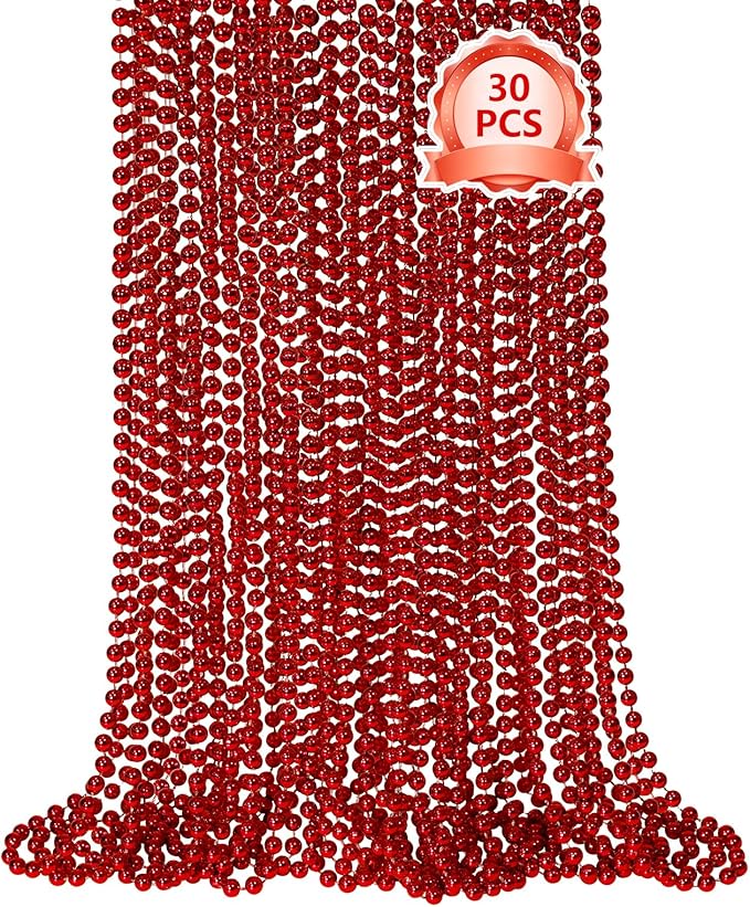 SHAOQINLIN 30 PCS Red Mardi Gras Beads, Red Christmas Beads, 33" Valentines Necklace Metallic Beaded Costume Necklaces Party Necklaces for Parade Throws Wedding Birthday Party Favorss