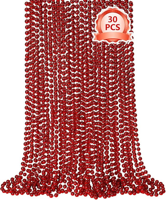 SHAOQINLIN 30 PCS Red Mardi Gras Beads, Red Christmas Beads, 33" Valentines Necklace Metallic Beaded Costume Necklaces Party Necklaces for Parade Throws Wedding Birthday Party Favorss