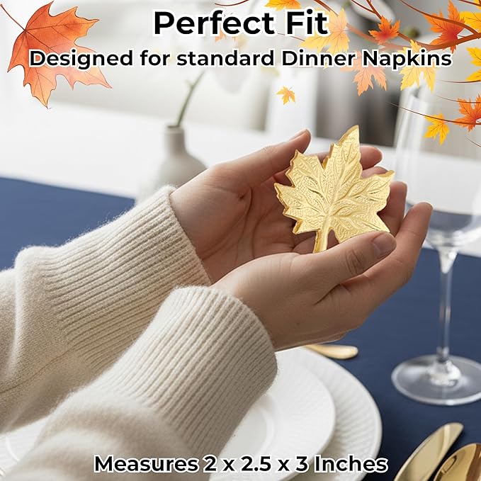 Set of 12 Maple Leaf Napkin Rings - Handcrafted Aluminum Napkin Holders for Cloth & Paper Napkins, Elegant Table Décor for Wedding Receptions Thanksgiving Christmas Holiday Parties (Gold) CLEENTABLE