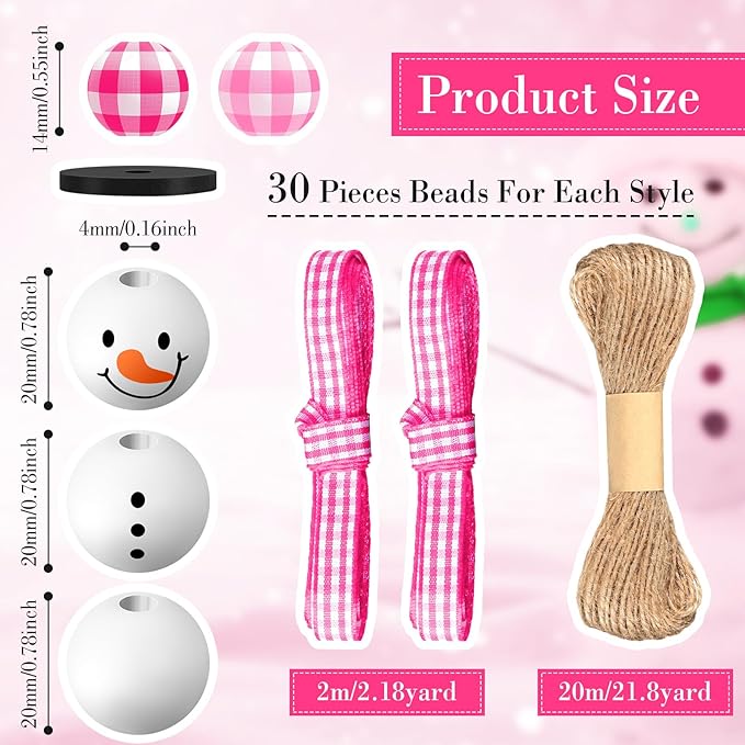 Landical 180 Piece DIY Christmas Snowman Wooden Bead Crafts Christmas DIY Ornaments Buffalo Plaid Wood Round Bead Xmas Print Wooden Beads with Twine Scarf for Crafts(Pink Color)