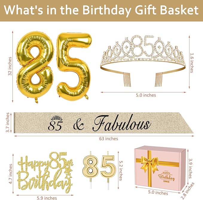 85th Birthday Decorations for Women Gold with 85th Birthday Sash and Tiara, Cake Topper and Candles, Number Balloons, 85 Year Old Gifts for Women