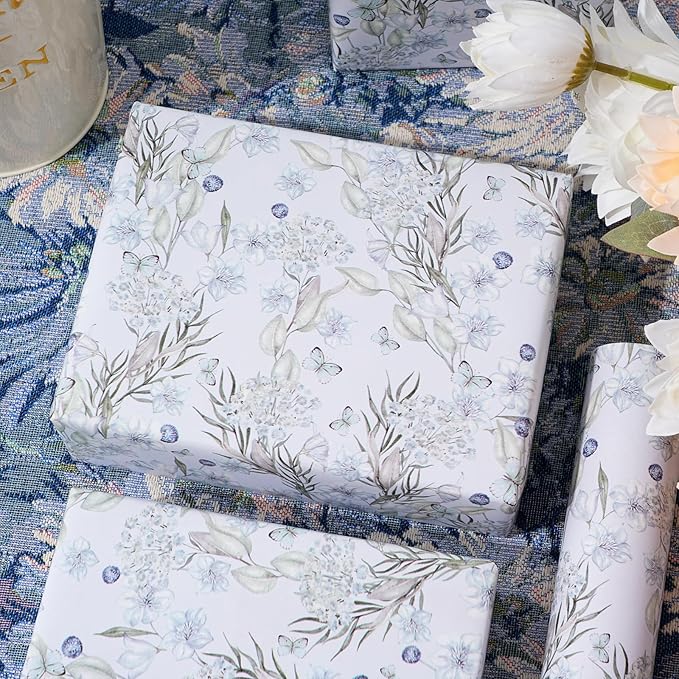ZINTBIAL Floral Wrapping Paper Roll - Light Blue Watercolor Flowers and Butterfly Design, 17 Inches x 16.5 Feet, Gift Wrap for Wedding, Bridal Shower, Birthday, with Cut Lines on Back