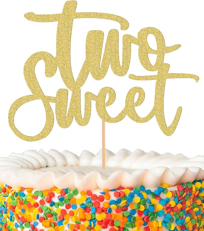 Two Sweet Cake Topper - Glitter Gold 2nd Birthday Cake Decorations, Second Anniversary Cake Pick (Gold)