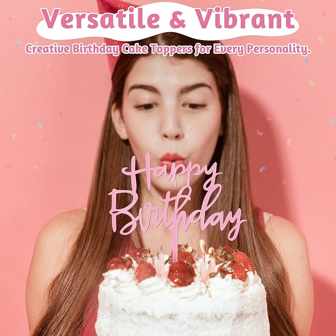 1 PCS Happy Birthday Cake Topper, 4.7 Inches x 5.5 Inches Acrylic Cake Topper, Pink Crisp Lettering Birthday Cake Decorations for Kids, Adults, Dessert, Birthdays Party, Table, Photo Booth