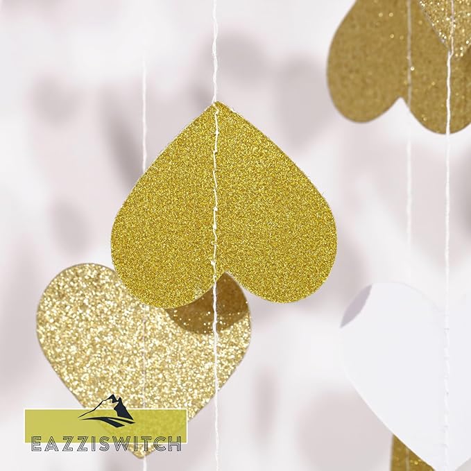 Gold Wedding Engagement Party Decorations: Champagne Glitter Hearts Banner Garland Streamers Backdrop for Bachelorette Bridal Baby Shower Anniversary Birthday Christmas Valentines Day Décor - 52 Ft