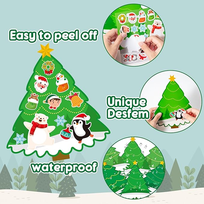 CY2SIDE 12PCS Christmas Tree Scene Art Craft, Make Your Own Xmas Scene, DIY Creative Santa Claus Sticker for Kids Classroom Activities, Christmas Theme Games Party Favors