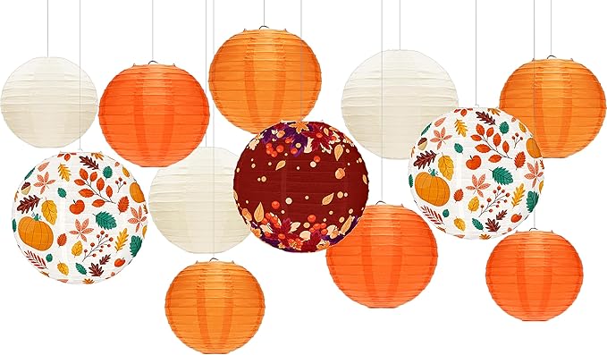 12 Pcs Fall Paper Lanterns Thanksgiving Orange Paper Lanterns Party Decorations, Maple Leaves Paper Lanterns Harvest Decorations for Autumn Birthday Party Indoor Outdoor Decor