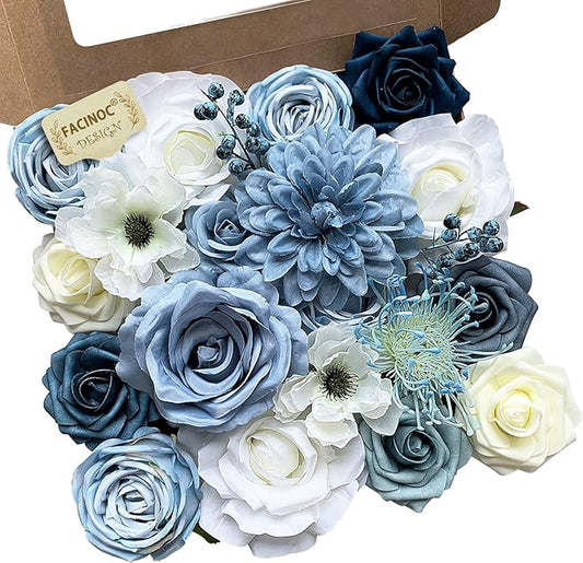 Roses Artificial Flowers Blue Bouquet Box Set Fake Flower for DIY Bridal Wedding Shower Centerpieces for Party Table Decorations Silk Floral Arrangements for Home Decor Indoor