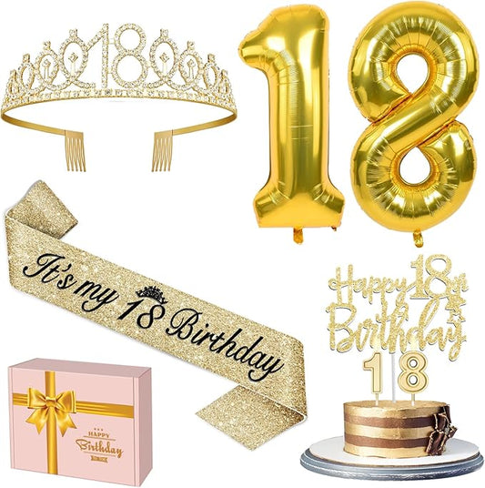 18th Birthday Decorations for Girls Gold with 18th Birthday Tiara and Sash, Cake Topper andCandles, Number Balloons, 18 Year Old Gifts for Girls
