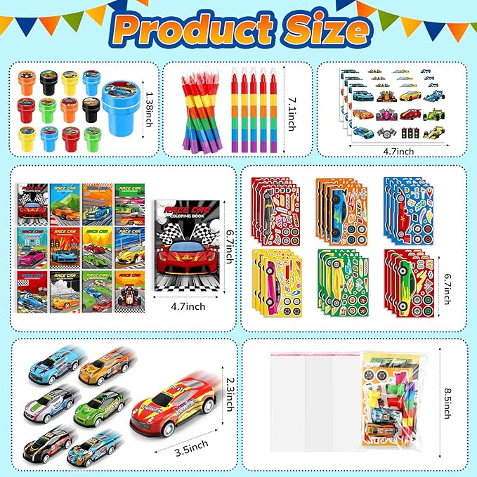 BenLouis 168Pcs Race Car Party Favors Racing Theme Coloring Books Crayons Sticker Set Bulk for Kids Fast Racecar Wheels Birthday Goodie Bag Stuffer Classroom Gifts Rewards Craft Pinata Fillers