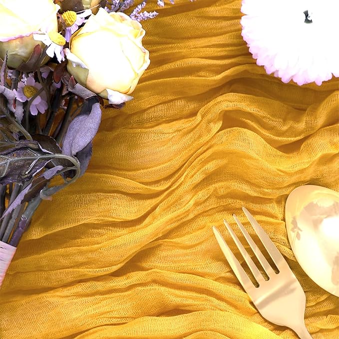 6 Pack Gold Cheesecloth Table Runner 10FT Boho Gauze Fabric Table Runner 35 x 120 Inch Rustic Sheer Runner for Fall Centerpiece Wedding Birthday Baby Shower Party Boho Table Decoration