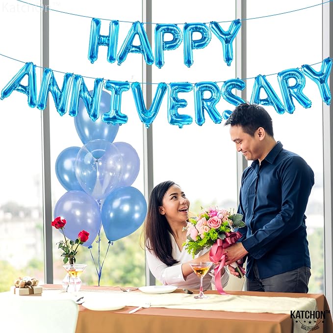 KatchOn Blue Happy Anniversary Balloons - 16 Inch, Foil with Happy Anniversary Banner and Backdrop