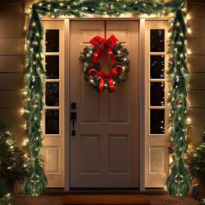 Jutom 2 Set 13.2ft Christmas Deluxe Norfolk Pine Garlands Artificial Long Needle Pine Cone Garland Realistic Xmas Cedar Garland for Holiday Mantle Table Indoor Outdoor Decor